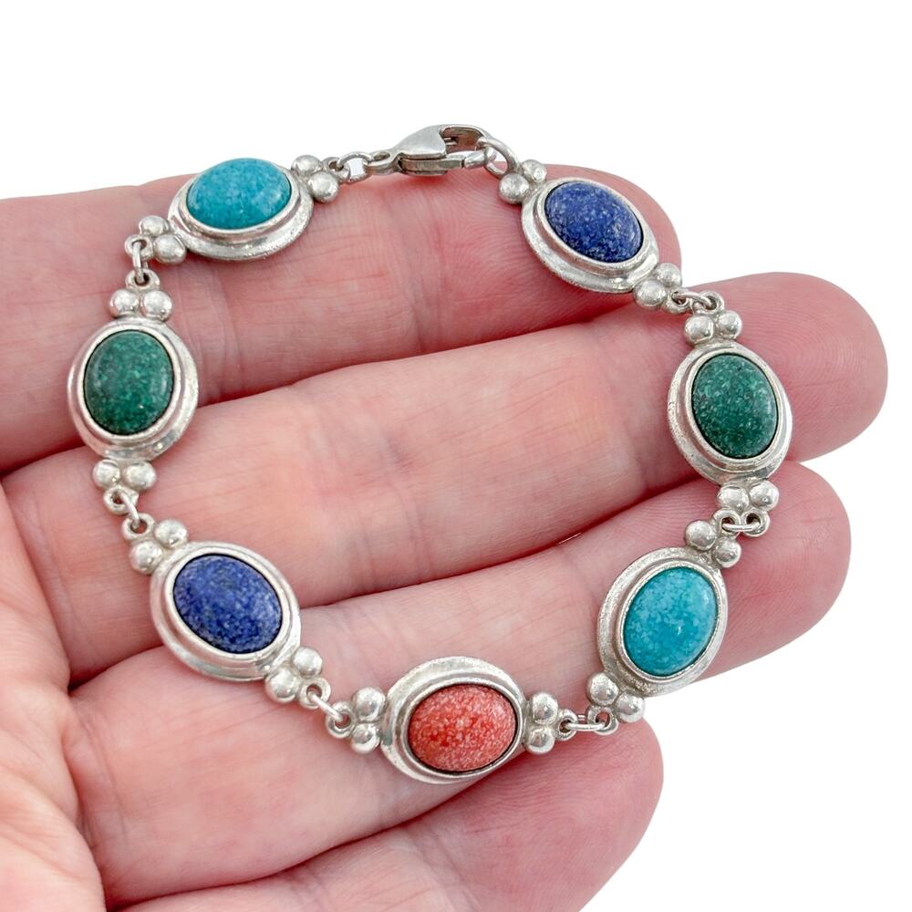 Vintage Sterling Silver Multi-Color Crushed Stone Resin Link Bracelet 6.75 Inch